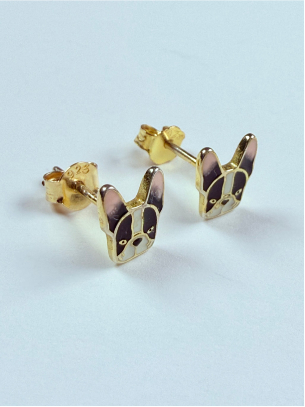 French Bulldog Enamel & Gold Vermeil 925 Sterling Silver Stud Earrings - Picture 3 of 8